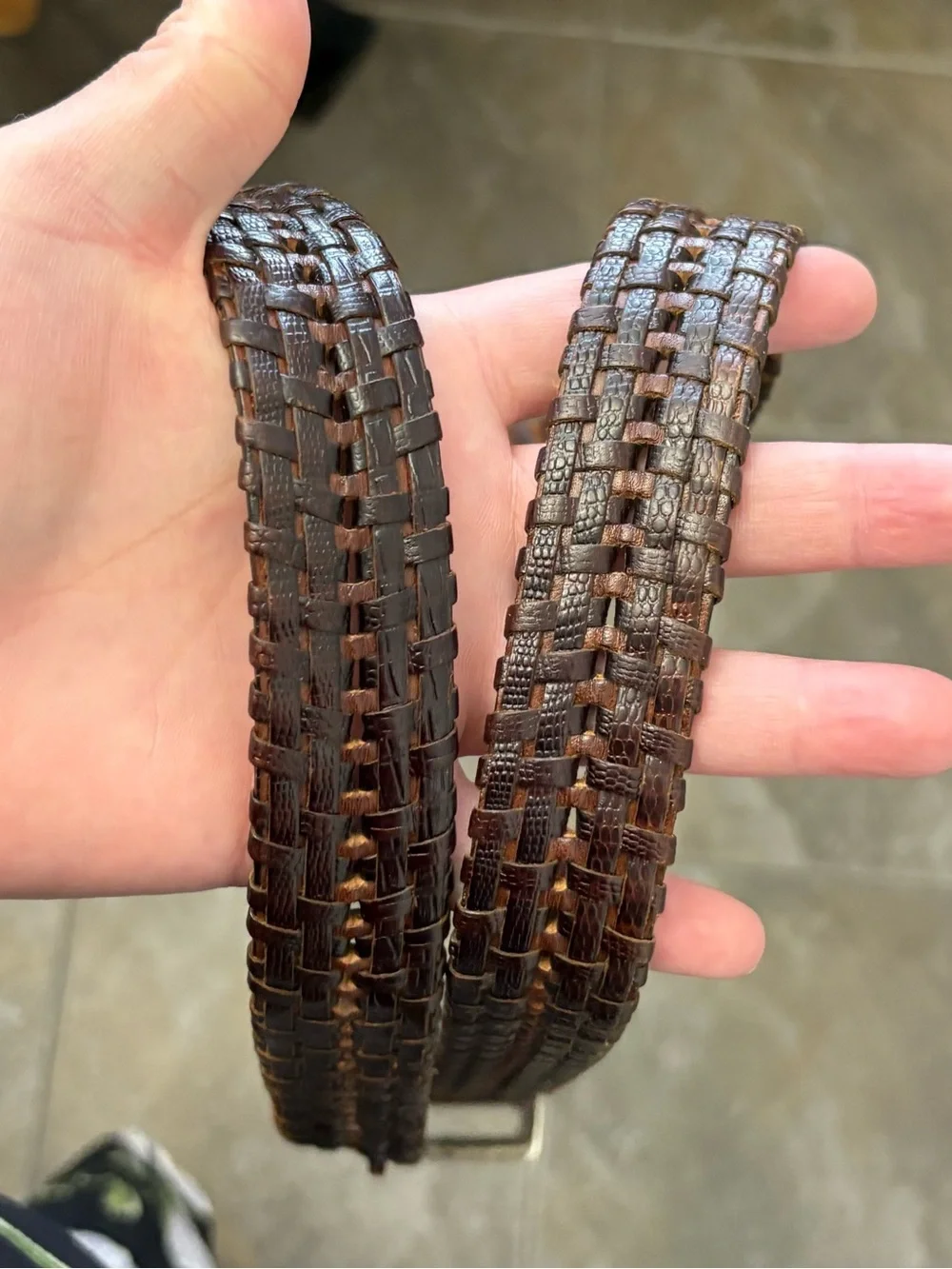 Fossil Dark Brown Braided Leather Belt with Solid Brass Accents